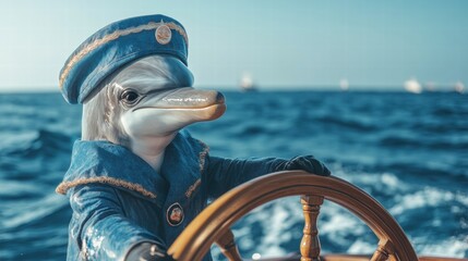 Aufkleber - Dolphin dressed as a ship captain steering a ships wheel in the ocean waves. Generative AI