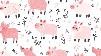 Poster - Seamless pattern with cute pink pigs and floral elements on white background.