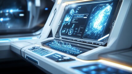 Futuristic spaceship control panel with holographic display showing data analysis.