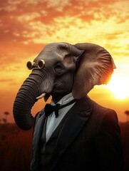 Aufkleber - Elephant elegantly dressed in a tuxedo with glasses during sunset in an African landscape. Generative AI