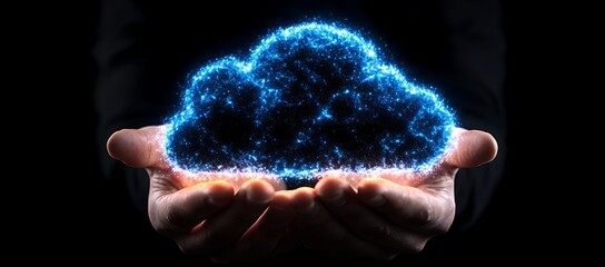 Poster - Glowing blue cloud data held gently in cupped hands, dark background.