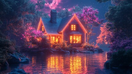 Poster - Glowing house near water, night.