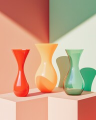 Poster - Dynamic product layouts featuring colorful vases in modern setting artful bright and minimalistic environment