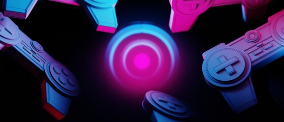 Wall Mural - 3d illustration rendering of y2k 2000s gamer technology futuristic cyberpunk sci-fi display podium, 