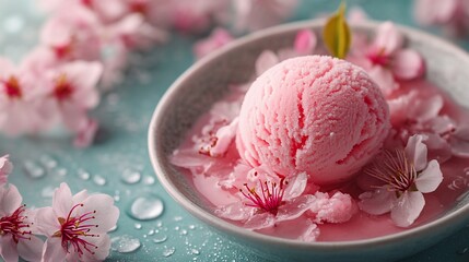 Wall Mural - Pink ice cream scoop on a bed of cherry blossoms.