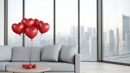 Canvas Print - Cozy living room decorated for Valentine's Day, featuring red heart-shaped balloons and a modern grey sofa by large windows