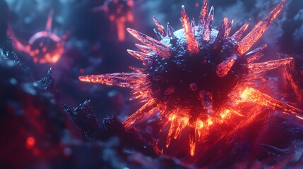 Poster - Abstract Representation of Microscopic Organisms with Glowing Spikes, Showing Details of Texture and Color in a Dark Environment, Perfect for Scientific Visuals