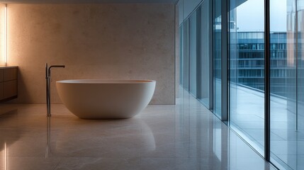 Leinwandbilder - A tranquil bathroom features a white freestanding tub beside a large frosted window, minimalist fixtures, and soft lighting illuminating the marble surfaces
