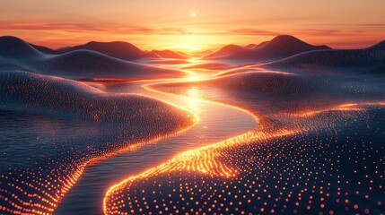 Wall Mural - Glowing river flows into sunset.