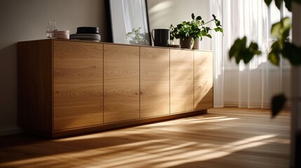 Poster - A light oak sideboard with flowing textures enhances the Scandinavian living room, bathed in soft sunlight from sheer curtains for a cozy vibe
