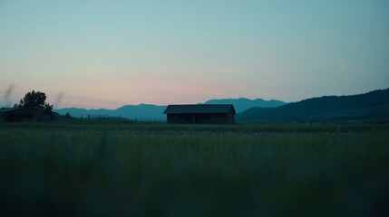 Poster - Solitary rustic house nestled in a lush green meadow during dusk, with rolling hills in the background and a serene pastel sky creating a tranquil atmosphere