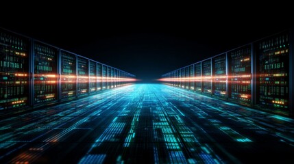 Leinwandbilder - Neon green and blue waves of data traverse a high-tech digital grid, contrasting sharply with a black background and providing ample copy space on the left