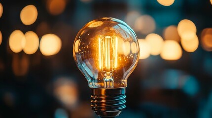 illuminated glass bulb, glowing filament, blurred background.