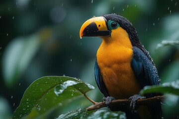 Wall Mural - exotic toucan bird perched on tropical branch surrounded by vibrant green foliage in natural rainforest environment