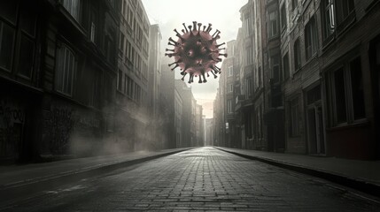 Poster - Empty urban street with a floating virus symbol contrasting against misty buildings. Generative AI