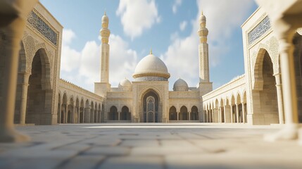 Wall Mural - Majestic mosque courtyard, sunny day, architectural details, Islamic architecture.