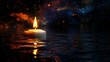 © STwul - Single candle floating on dark water, reflecting cosmic nebula.