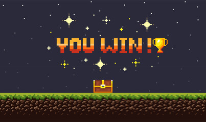 Poster - Pixel art night game background with grass, sky and you won game 8-bit text. Game screen pixel