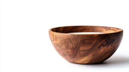 A rustic wooden bowl filled with creamy white yogurt, isolated on a clean white background, perfect for healthy food concepts.