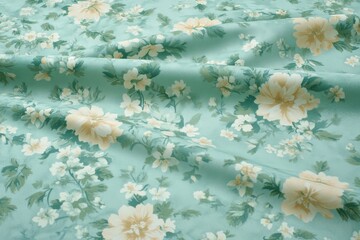Poster - Delicate peach and green flowers on a light blue background create a serene atmosphere, perfect for designing a peaceful room with ample copy space