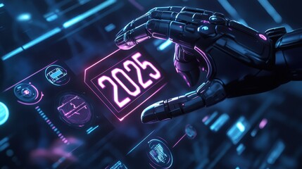Fototapete - A sleek robotic hand touches a glowing 