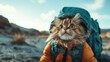 © Dulemegapixel - A determined cat in an orange jacket, setting out for a mountain trek, embodying the spirit of adventure and showcasing the beauty of nature's wilderness.