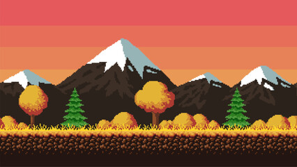 Poster - Snowy mountains, fir trees and a starry sky. Pixel art game location. 8 bit retro style backdrop. Seamless vector background.