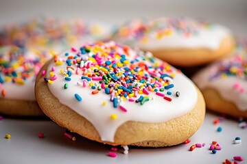 Wall Mural - beautiful White Cream Frosted Sugar Cookies with Bright and Cheerful Sprinkles