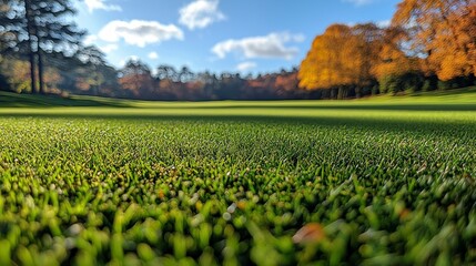 Poster - Golf course green, autumn trees.