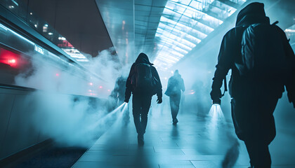 Aufkleber - Mysterious Figures Walking Through Foggy Urban Environment with Neon Lights and Modern Architecture in Dark Mood Setting