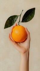 Wall Mural - Woman holding fresh orange with green leaves