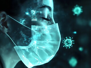 Aufkleber - Woman Wearing Medical Mask with Digital Elements Representing Health, Protection, and Virus in a Futuristic Setting for Health Awareness and Safety Themes