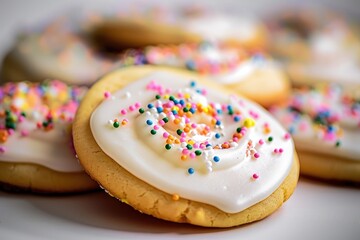 Wall Mural - Gorgeous Sugar Cookies Topped with White Frosting and Vibrant Rainbow Sprinkles