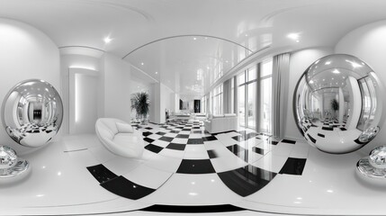 Poster - 360° view of a modern, minimalist white and black checkered floor living room with mirrored spheres.