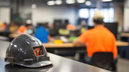 Poster - A hard hat rests on a table in a busy industrial workspace, with blurred background of workers.