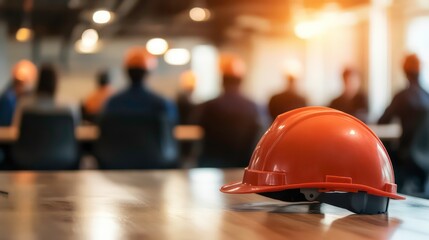 Poster - Safety helmet on table with blurred construction workers meeting in background.