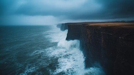 Poster - Massive waves crash violently against rugged cliffs as dark clouds loom overhead, showcasing the raw intensity of a stormy coastal landscape during tumultuous weather