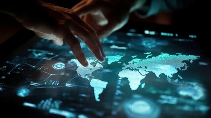 Fototapete - Close-up of hands interacting with a digital world map displayed on a futuristic touchscreen interface, showcasing data points and connections.