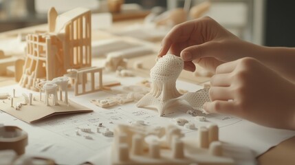 Poster - Architect working on innovative project examining 3d printed model of futuristic building in architectural office surrounded by blueprints and other scale models