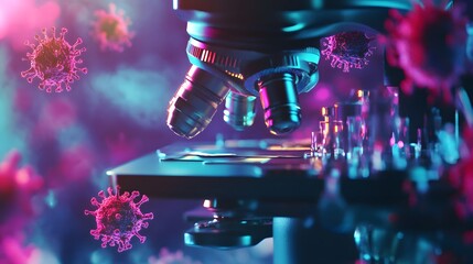 Poster - Close-Up of Advanced Microscope Analyzing Coronavirus Cells in a Colorful Laboratory Environment with a Focus on Science and Research