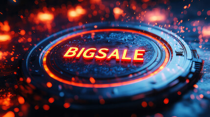 Poster - Bigsale shopping concept. Spinning coin with BIGSALE text, glowing in fiery sparks and light
