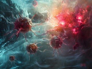 Poster - Abstract depiction of colorful microorganisms in a surreal environment, showcasing the intricate beauty and complexity of microscopic life forms and their interactions