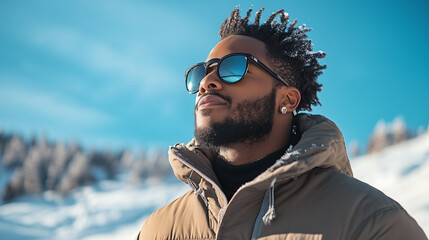 copy space, portrait of an attractive black american man wear sunglasses spending weekend at ski resort winter holiday concept. Outdoor adventure, activity during winter time, winter sports poster, ad