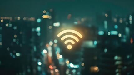 Aufkleber - Glowing Wi-Fi symbol over blurred cityscape at night.