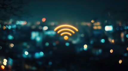 Poster - Glowing wifi symbol over blurred cityscape at night.