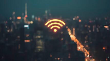 Poster - Glowing WiFi symbol over blurred cityscape at night.