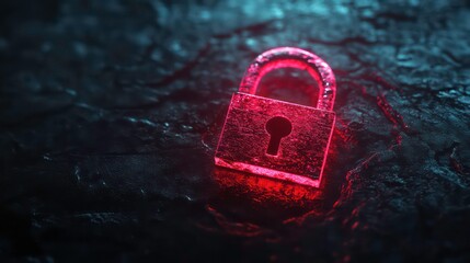 Poster - Glowing red padlock on dark textured surface.