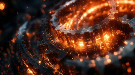 Poster - Glowing metallic gears interlock, sparks fly, abstract technology.