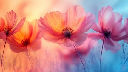 Sticker - Dreamy pastel cosmos flowers at sunset.