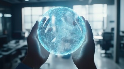 Leinwandbilder - Hands holding a glowing sphere with network connections, symbolizing global connectivity and innovation in a modern office setting.